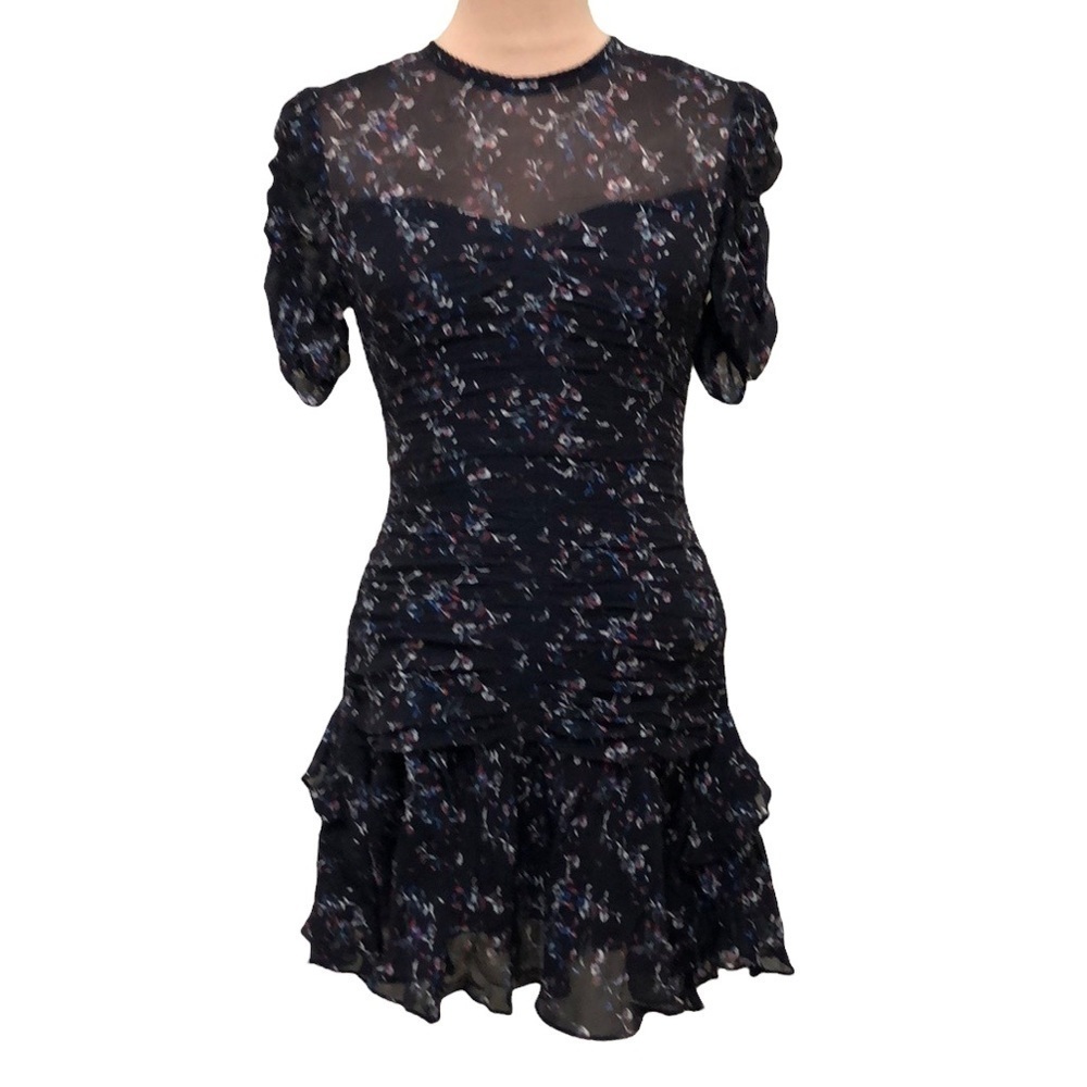 Tanya Taylor Carti Dress Size 2 Black Silk Floral Ruched